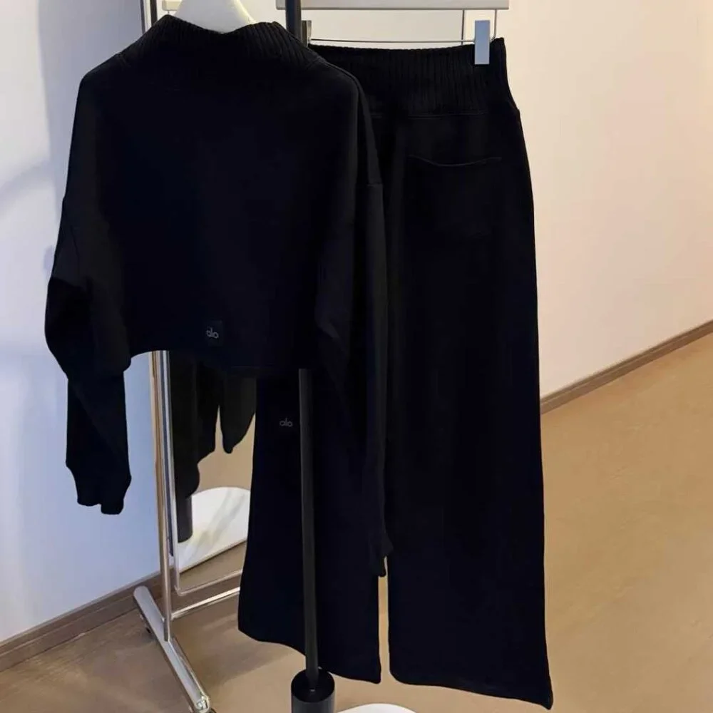 Alo Yoga Cropped Serenity Coverup And Serenity Wide Leg Sweatpant Black Set